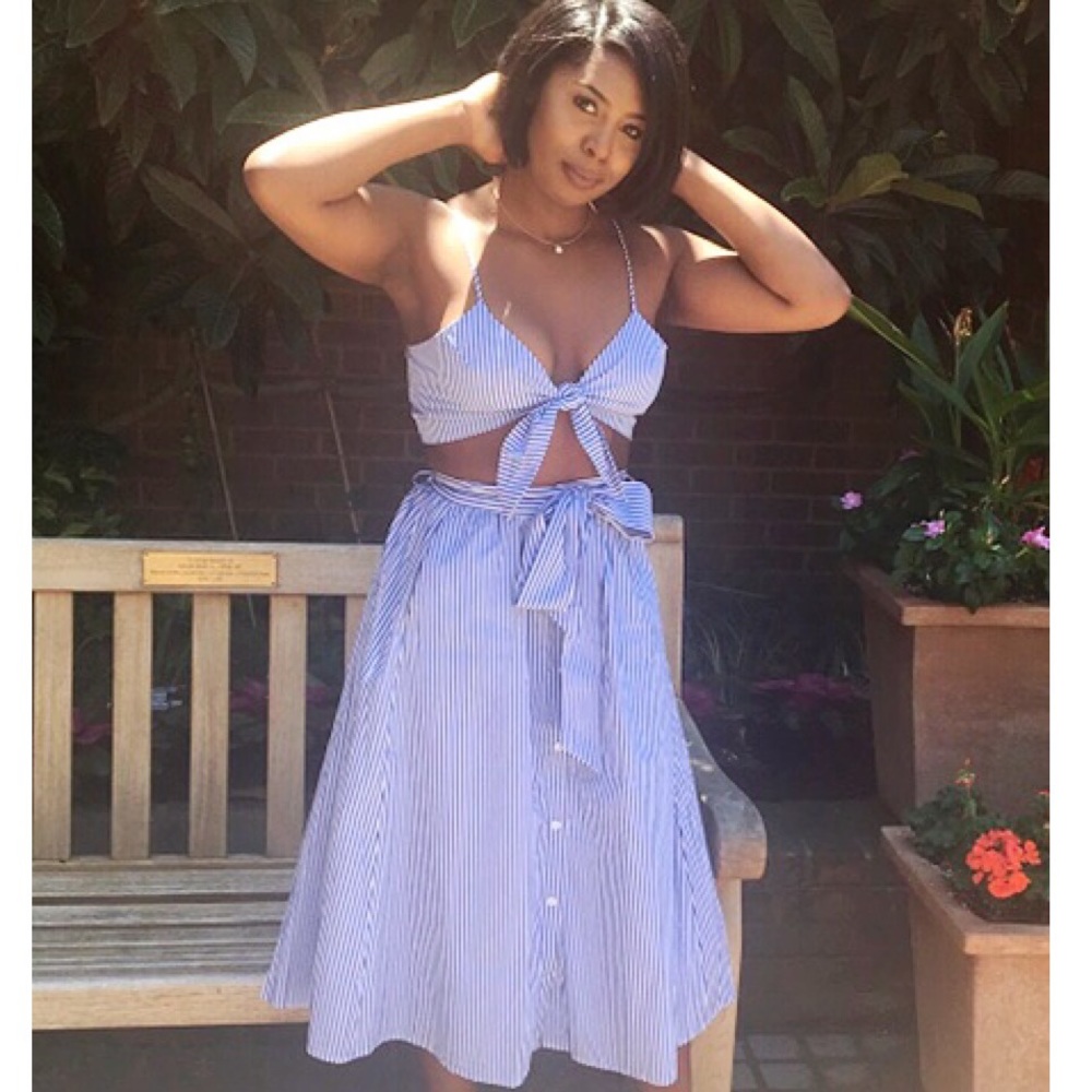 Blue and white pinstriped two-piece set